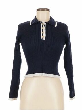 Navy Ribbed Long-Sleeve Polo Sweater with Contrast Trim